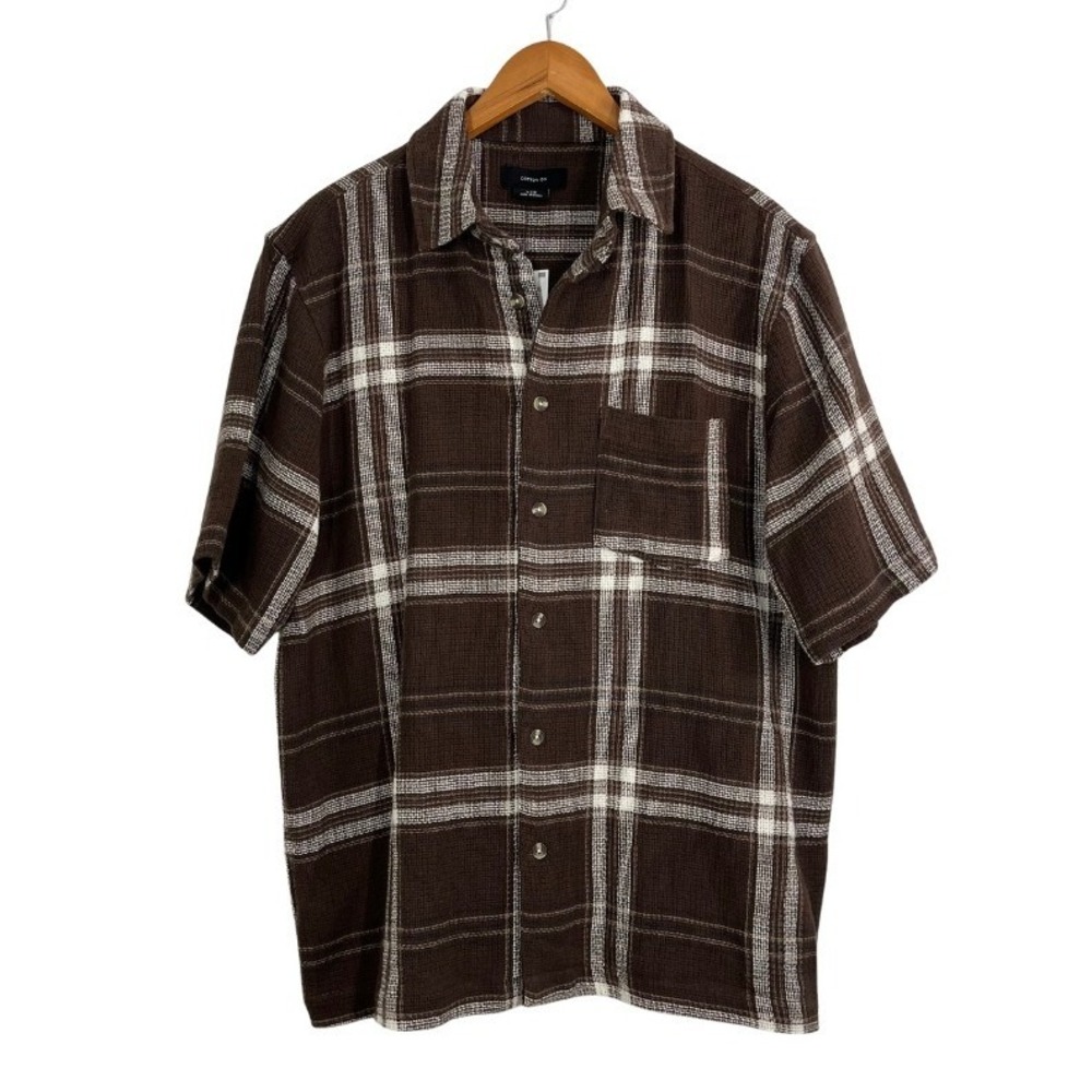 NWT Cotton On Brown Plaid Gauze Shirt Men's Large 100% Cotton Short Sleeve